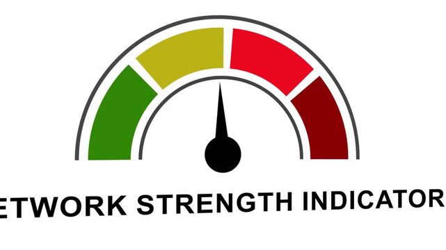 Dynamic network strength indicator speedometer measuring data connection speed, signal performance, and wireless internet bandwidth levels in modern digital telecommunication systems