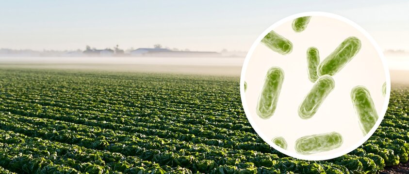 Large commercial lettuce field with magnified bacteria, illustrating food safety surveillance, pathogen contamination and produce traceability across the agricultural supply chain