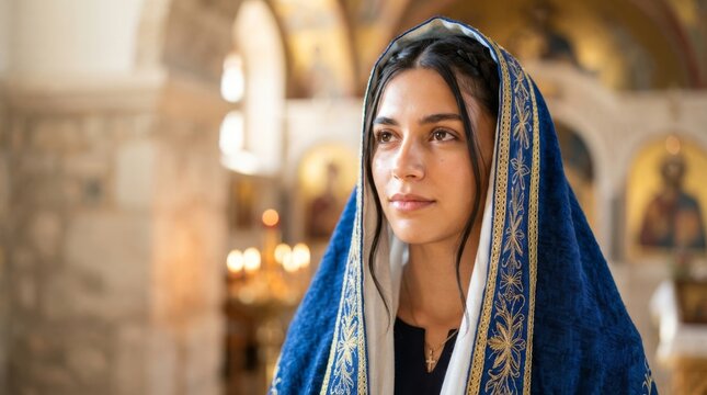 Woman in blue embroidered veil praying inside orthodox church. Christian faith and devotion concept. Religious spirituality portrait for Easter and Christmas