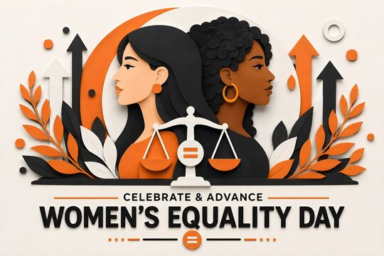Women's Equality Day Graphic: Diverse Women, Justice Scales, Upward Arrows