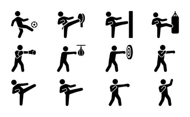Fototapeta premium Martial Arts and Combat Sports Icons Set, Karate and Kickboxing Action Figures, Punching Bag and Target Training Vector Graphics, Dynamic Fighter Poses