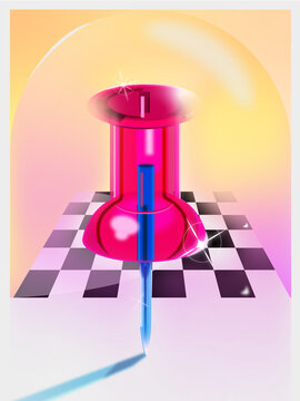 Glossy Pink Push Pin on Checkerboard &ndash; Retro Futuristic Illustration