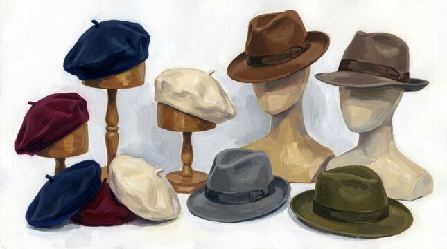 A collection of stylish hats, including berets and fedoras, displayed on mannequins and stands. This image highlights fashion accessories, vintage style, and headwear trends.