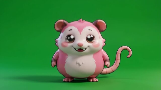 Cute pink cartoon mouse or rat character with big eyes on a green background, looking happy and friendly.