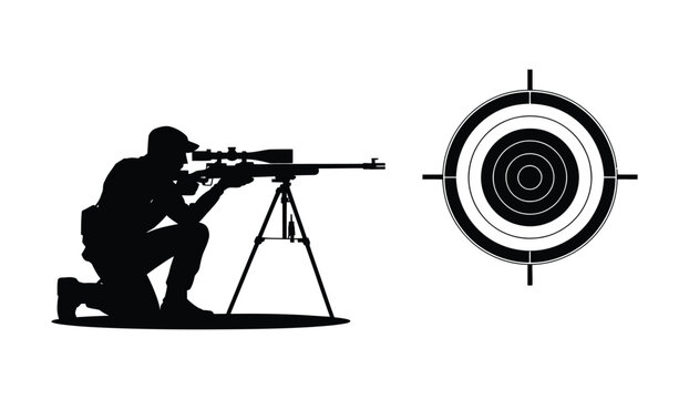 Tactical Marksman Silhouette Icon Set, Kneeling Shooter, Scoped Rifle, Target Symbol, Black Vector Style