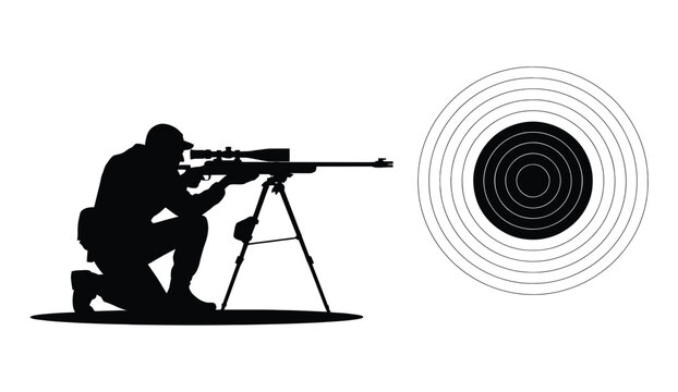 Tactical Marksman Silhouette Icon Set, Kneeling Shooter, Scoped Rifle, Target Symbol, Black Vector Style