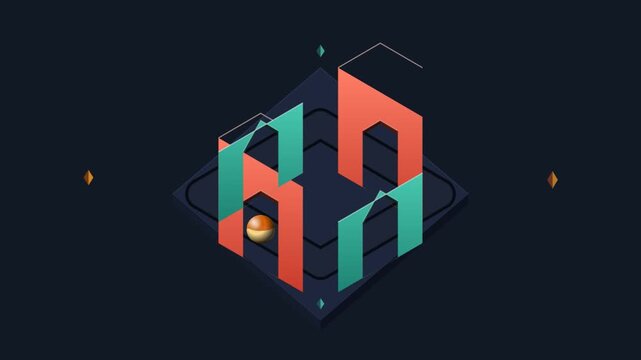 Isometric 3d animation of a rolling sphere moving through a geometric puzzle maze on dark background