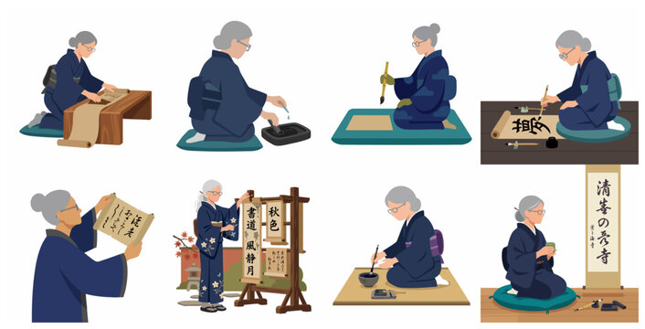 Elderly Japanese woman in kimono practicing traditional calligraphy and ink art illustration set