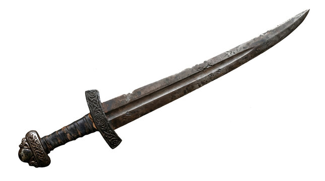 Ancient curved sword with ornate handle and scabbard detail isolated on transparent background