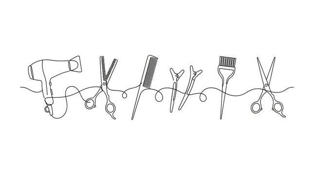Continuous line drawing of hairdressing tools including hair dryer, scissors, comb, clips and hair dye brush, professional salon equipment set, vector illustration