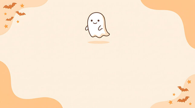 Cute hand drawn ghost illustration on a soft peach background with abstract organic shapes for social media