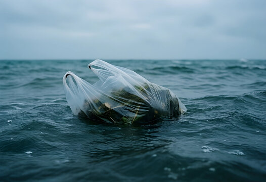 Ocean plastic pollution and environmental crisis, plastic bag with trash floating in dark sea water, ecological disaster
