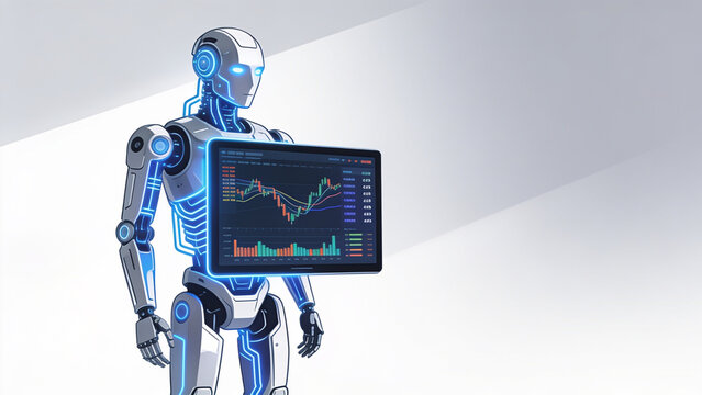 Futuristic android robot analyzing financial stock market data on digital tablet