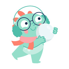 Fototapeta premium Mint dinosaur with oversized glasses wears earmuffs and a scarf while holding a snowball, smiling in a cheerful winter-themed character illustration.