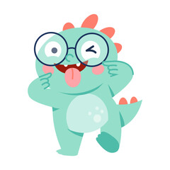 Fototapeta premium Mint dinosaur with oversized glasses makes a silly face with tongue out and cheeks pulled, balancing on one foot in a playful comic character pose.