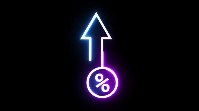 Neon percentage icon with rising arrow moving upward on black background financial motion.
