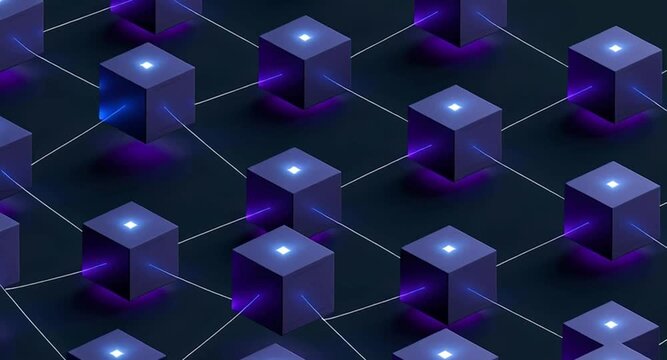Digital information transferring between blocks in a futuristic blockchain network, visualizing concepts of cryptocurrency, distributed ledger technology, data integrity, and decentralized systems