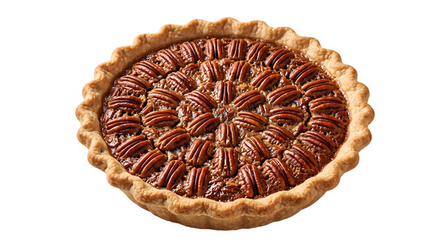 A delicious whole homemade pecan pie with a golden crust isolated on transparent background