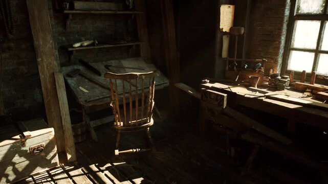 shadowed wooden studio with chair, stark light bars from paned window cutting across worn floorboards empty workbench, candle stub, scattered tools and thick