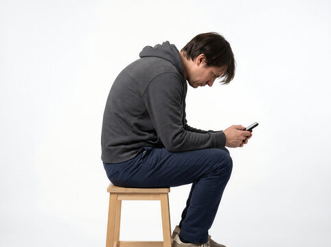 Casual man sitting on stool with poor posture looking down at smartphone causing text neck and spinal strain