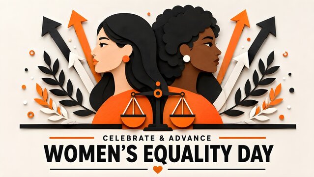 Women's Equality Day Graphic: Diverse Women, Justice Scales, Upward Arrows