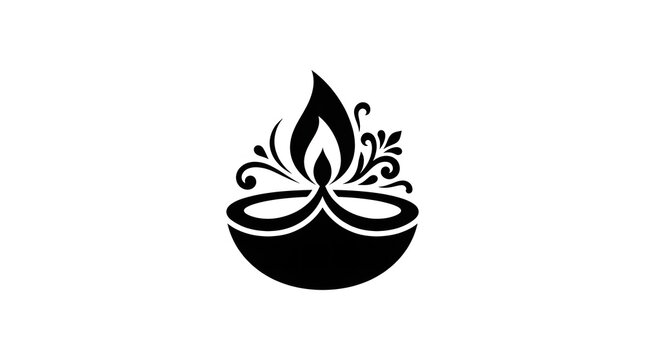 Traditional black and white diya oil lamp vector illustration with decorative floral flame for Diwali festival celebrations
