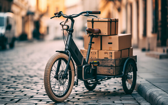 Cargo bike illustration shows sustainable urban transport. Boxes carried in trailer. E-commerce delivery service uses eco friendly vehicle. Modern cargo bicycle with cardboard containers