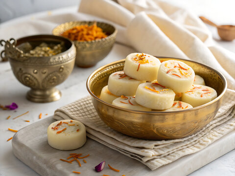 Traditional Indian Doodh Peda, creamy pale milk fudge rounds decorated with saffron strands, elegant brass bowl