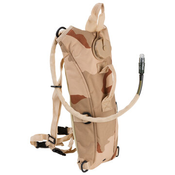 Desert camouflage tactical hydration pack side view isolated on white background. Military water carrier system