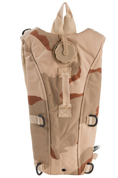 Desert camo military hydration backpack front view isolated on white background. Tactical water bladder carrier
