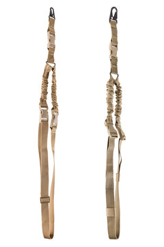 Tactical bungee rifle sling pair isolated on white background. Coyote brown military weapon sling with carabiner clip