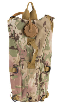 Multicam tactical hydration pack front view isolated on white background. Camouflage military water bladder pouch