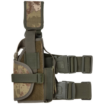 Vegetato camouflage drop leg tactical holster isolated on white background. Military thigh pistol holster with magazine pouch