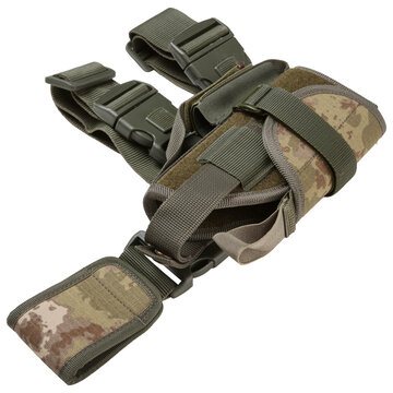 Camouflage drop leg pistol holster side view isolated on white background. Tactical military thigh rig with straps