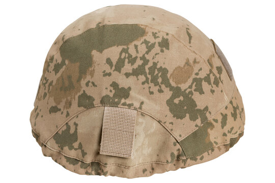 A-TACS AU desert camouflage helmet cover side view isolated on white background. Military combat helmet cover
