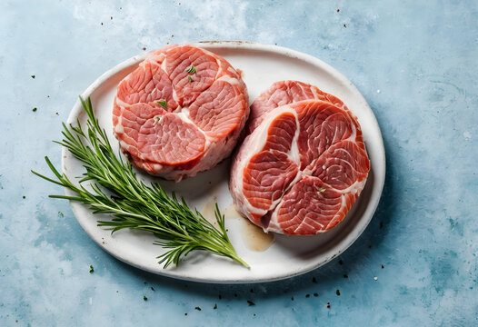 Raw osso buco meat cuts with fresh rosemary, gourmet cooking and healthy eating, protein rich diet preparation