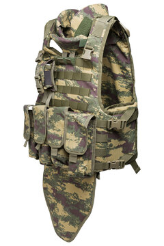 Tactical body armor vest with groin protector isolated on white background. Camouflage military plate carrier three quarter view