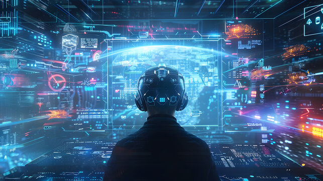 Futuristic holographic management interface for digital media, business and innovation 3D.