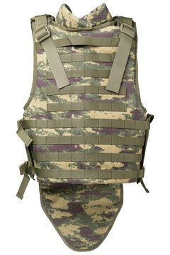 Camouflage tactical bulletproof vest back view isolated on white background. Military body armor carrier with molle webbing