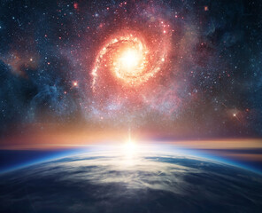  Earth from space with bright stars, colorful nebula and deep cosmic sky above the planet horizon.Elements of this image furnished by NASA. © Tryfonov
