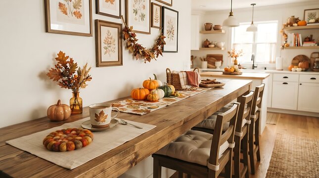 Cozy autumn harvest dinner table setting with pumpkins, gourds, and rustic decor in warm home kitchen