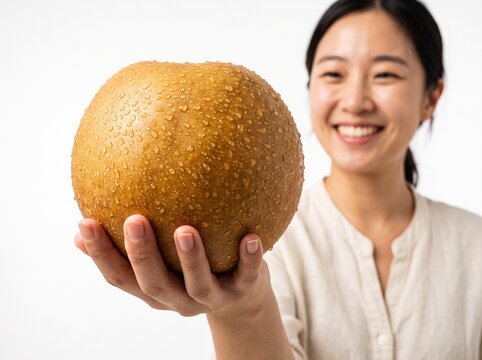 Woman showing oversized giant Korean Asian pear on palm isolated on white