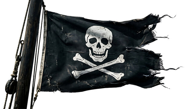 Black pirate flag with white skull and crossbones waving in the wind isolated on transparent background