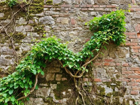 Organic business growth concept with green ivy climbing a vintage stone wall in an upward chart trajectory