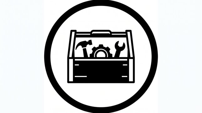 Minimalist toolbox icon with hammer and wrench, black and white construction tool box symbol, industrial repair service graphic
