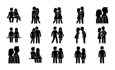Obraz premium Romantic Couple Stick Figures Vector Icons, Love Relationship Poses, Intimate Embrace Silhouettes, Valentine's Day Graphics, 15 Elements