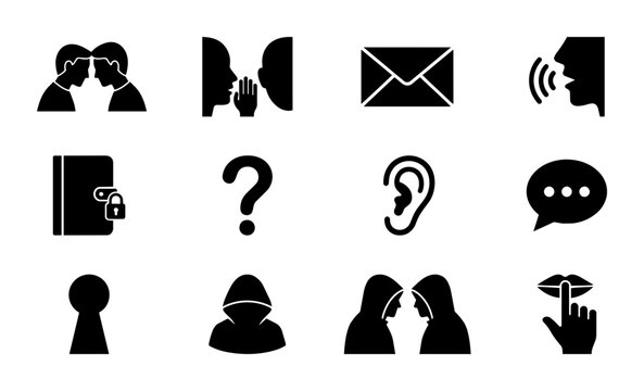 Communication Icons Set: Whispering, Secrets, Questions, Speech Bubbles, Email, Ear, Lock, Keyhole, Anonymous Figures, Silence Gesture