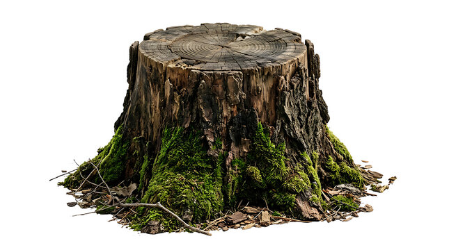 Close-up of a moss-covered old tree stump in a natural forest setting isolated on transparent background