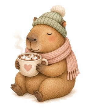 Emotional Support Animal Unbothered Therapy Winter Capybara with Hot Cocoa and Beanie, Watercolor Illustration for Seasonal Depression and Cozy Comfort, Hygge Mental Wellness Art Isolated on White