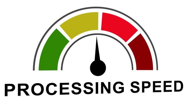 Processing speed indicator gauge meter animation concept showing data performance and system efficiency levels for corporate business technology and digital transformation presentations